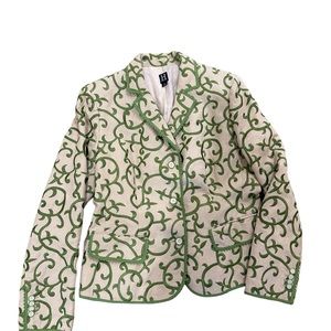 Hilfiger Ladies Embroidered Green Tan Linen Blend Blazer Jacket, size 14